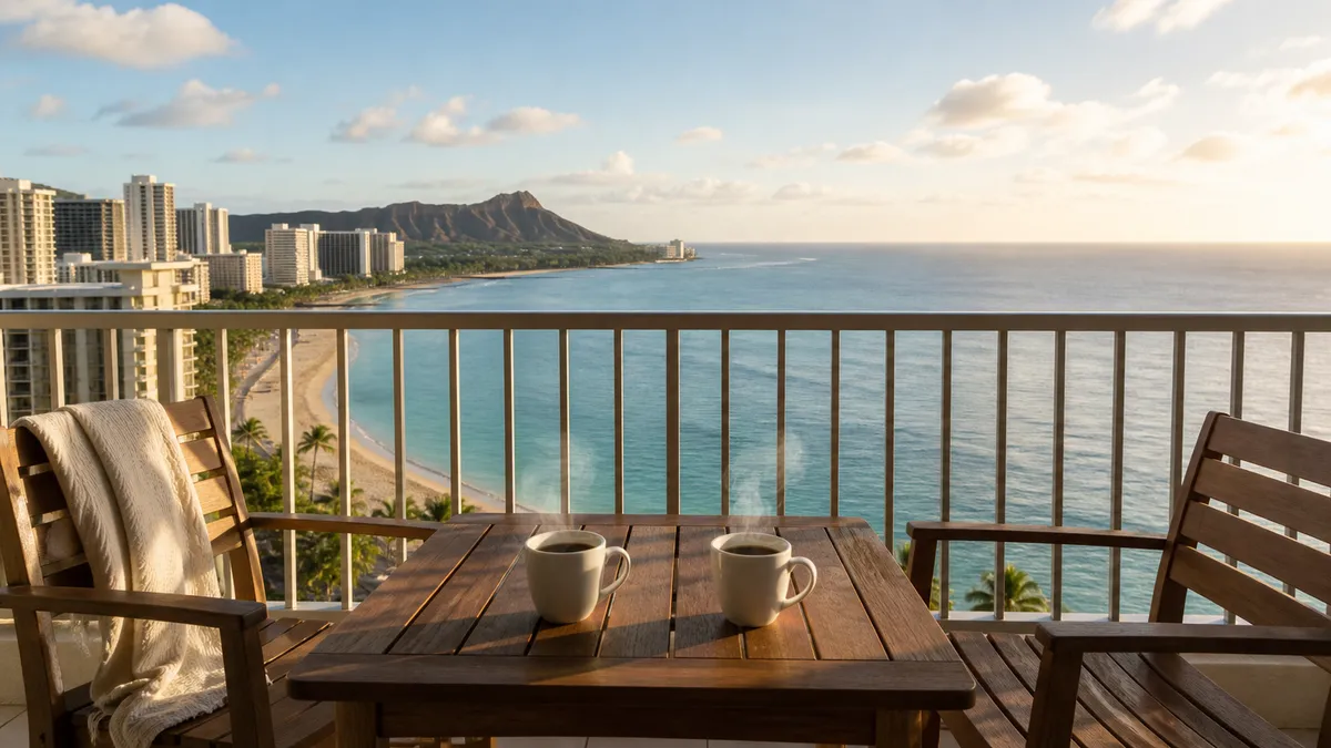 Two cups of coffee on a table with a view toward Waikiki Beach and Diamond Head in the morning light