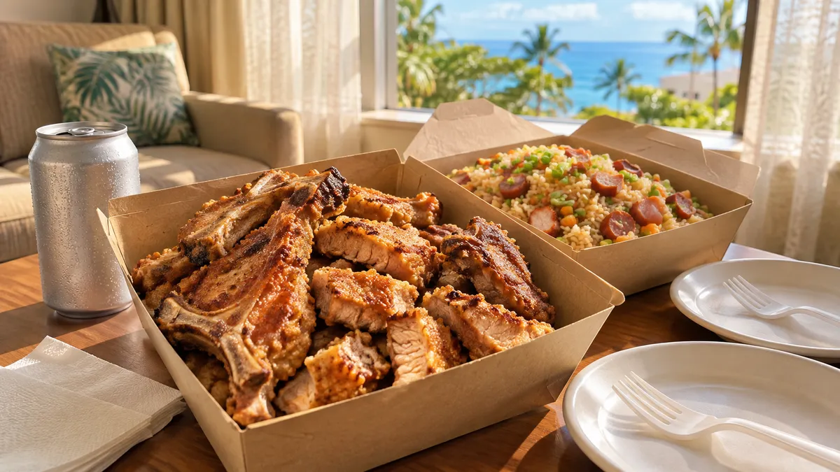 Takeout containers of pan-fried pork chops and fried rice next to a cold can of beer on a small table by an open window in a Waikiki hotel suite