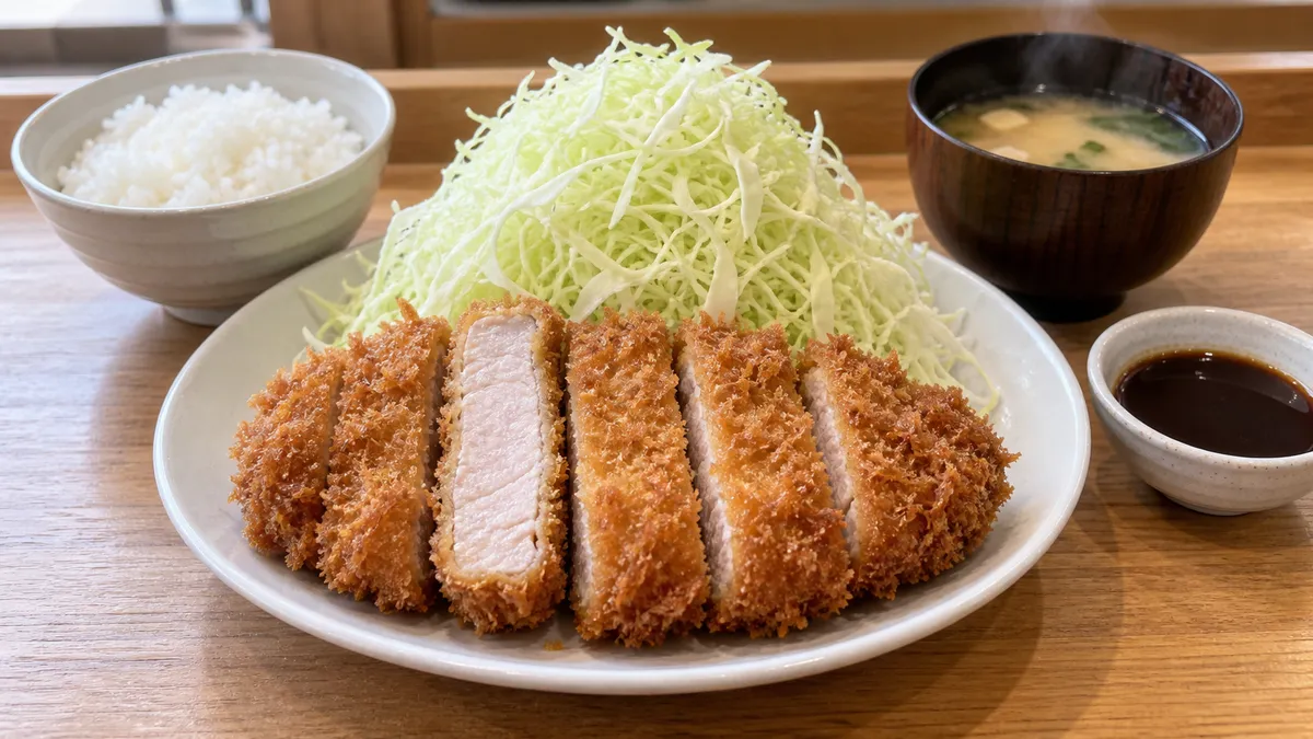 揚げたてのとんかつが切り分けられ、せん切りキャベツとご飯、お味噌汁と並んだ定食の情景