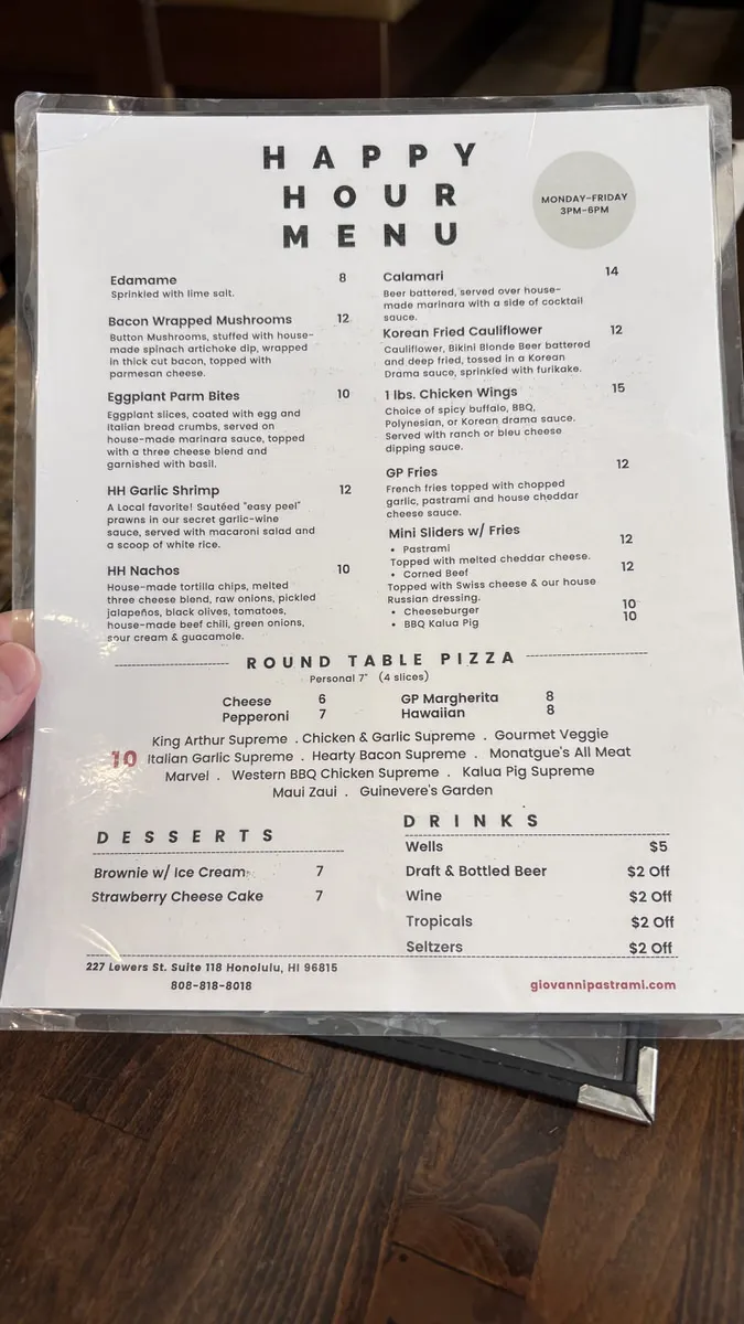 Giovanni Pastramiのハッピーアワーメニュー